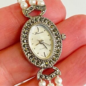 Vintage Lucida ladies quartz watch marcasite oval face triple strand pearl band
